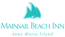Logo for Main Sail Beach Inn, Anna Maria Island, with a turquoise sail icon and teal text.