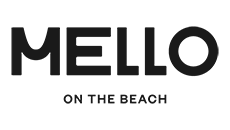 MELLO logo with the tagline 'ON THE BEACH' beneath it on a dark background